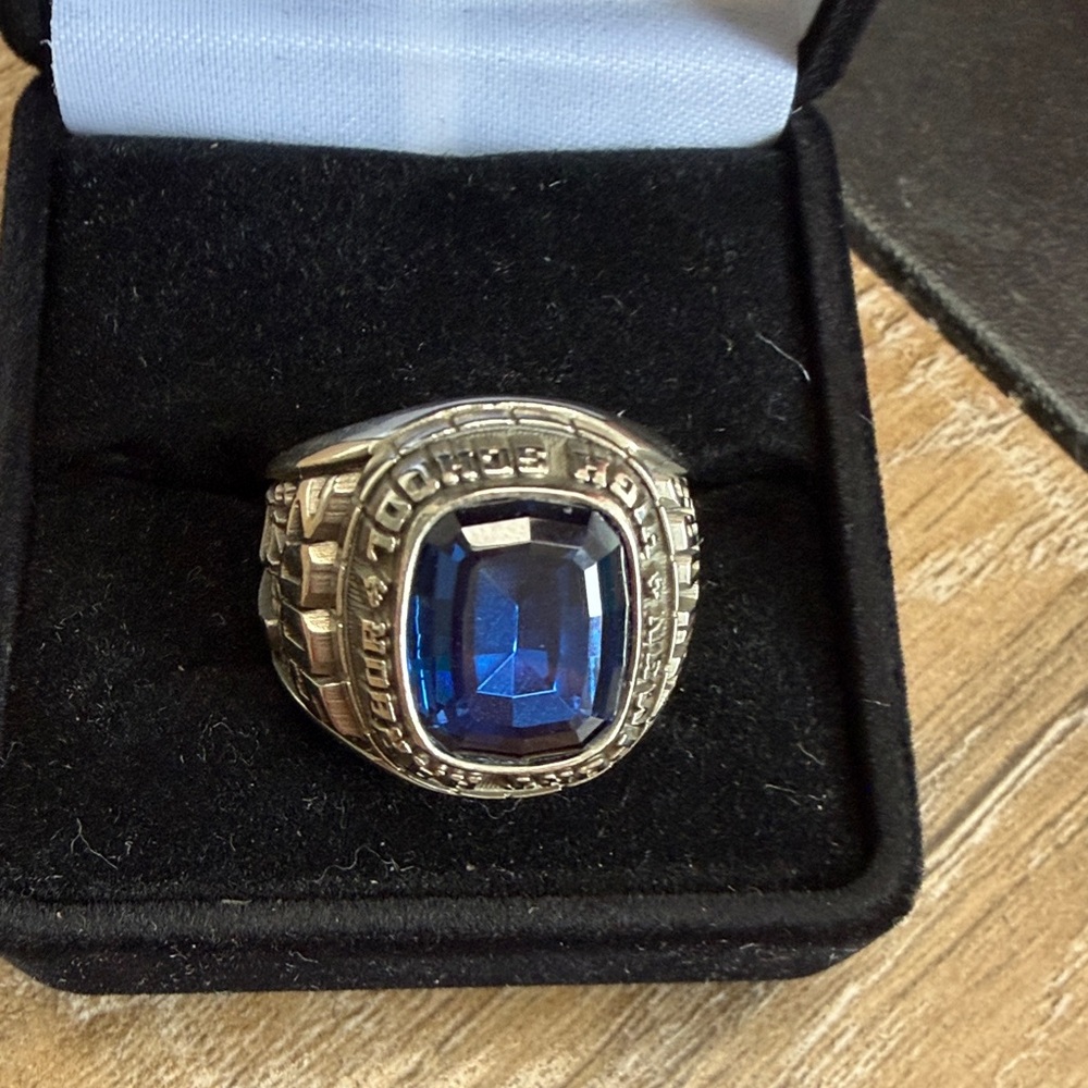 Jostens Silver Class Ring with Deep Blue Stone